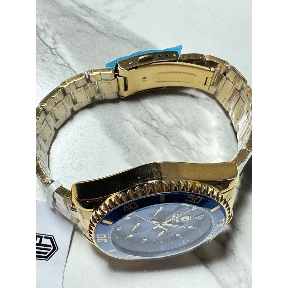 Montres Prestige MPW-0093 Mens Chronograph Watch Gold Blue Dial Moon Phase New